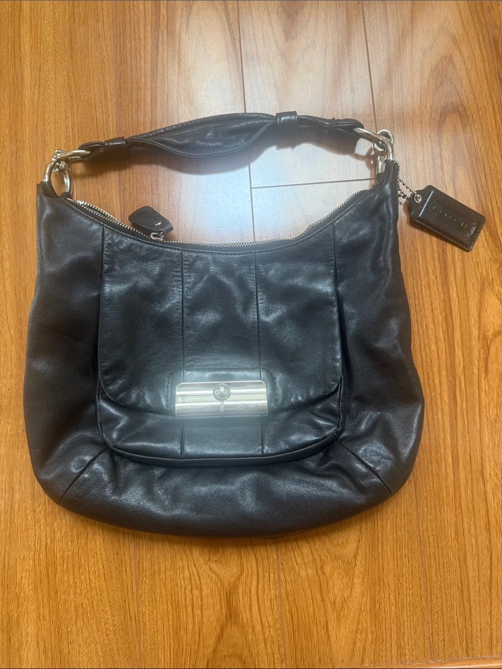 Coach Black Leather Hobo with Silver-Tone Accent